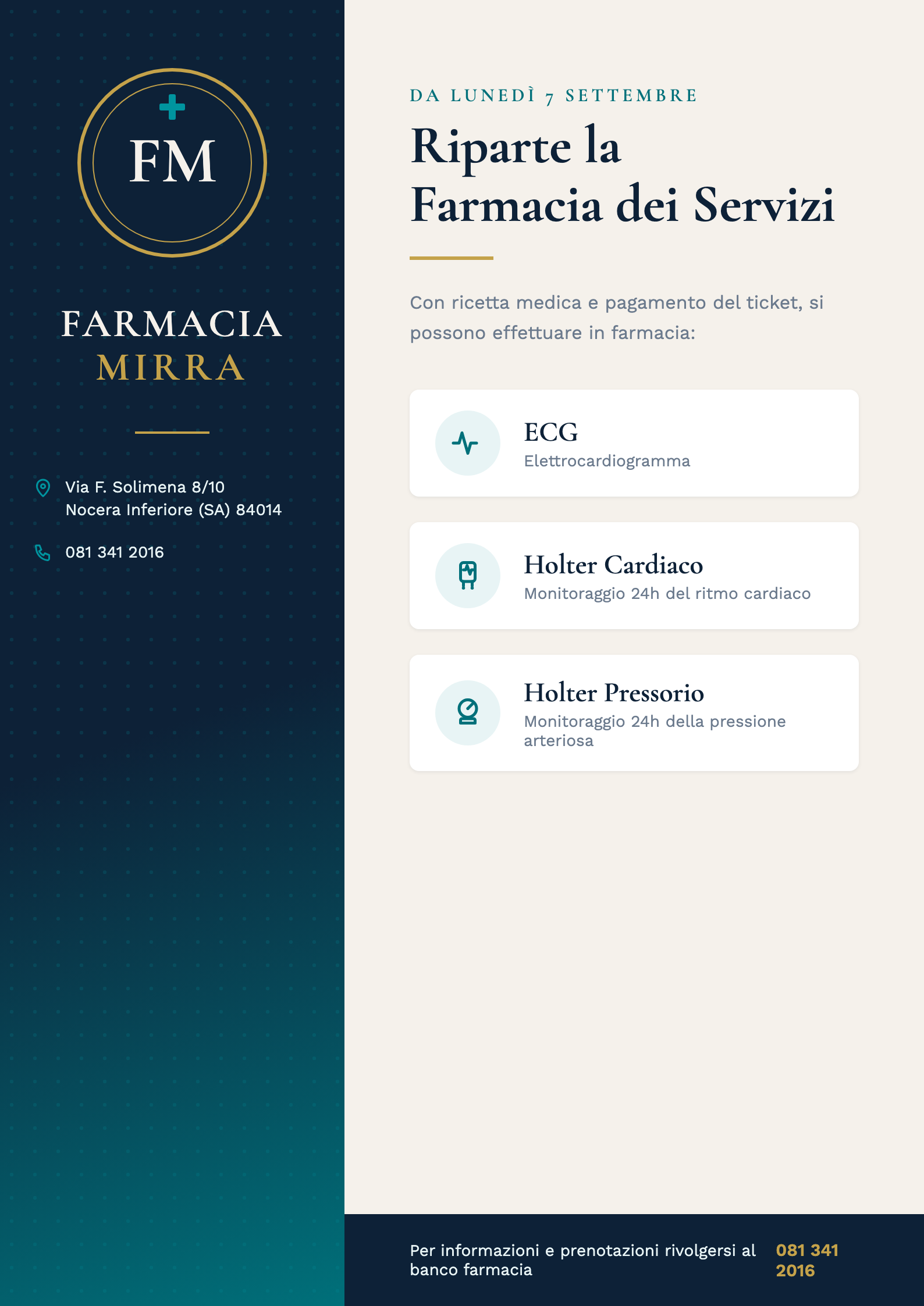 Locandina Farmacia dei Servizi: da lunedì 7 settembre ECG, Holter Cardiaco e Holter Pressorio in farmacia